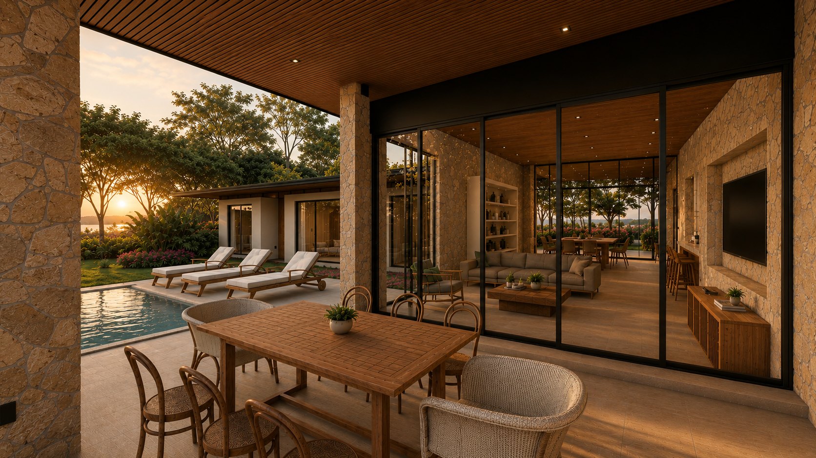 Forest House, covered terrace with outdoor dining and pool at sunset