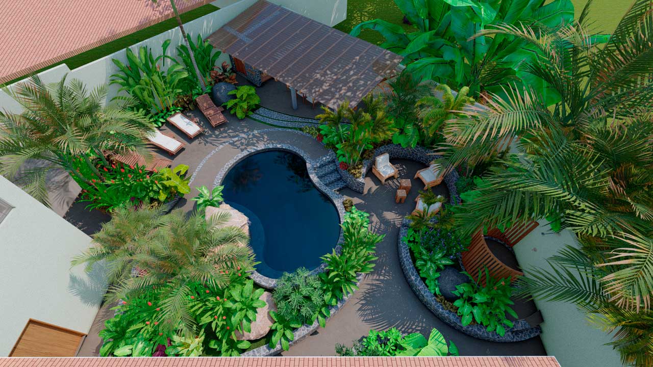 Casa de Las Olas, aerial view of the pool and gardens