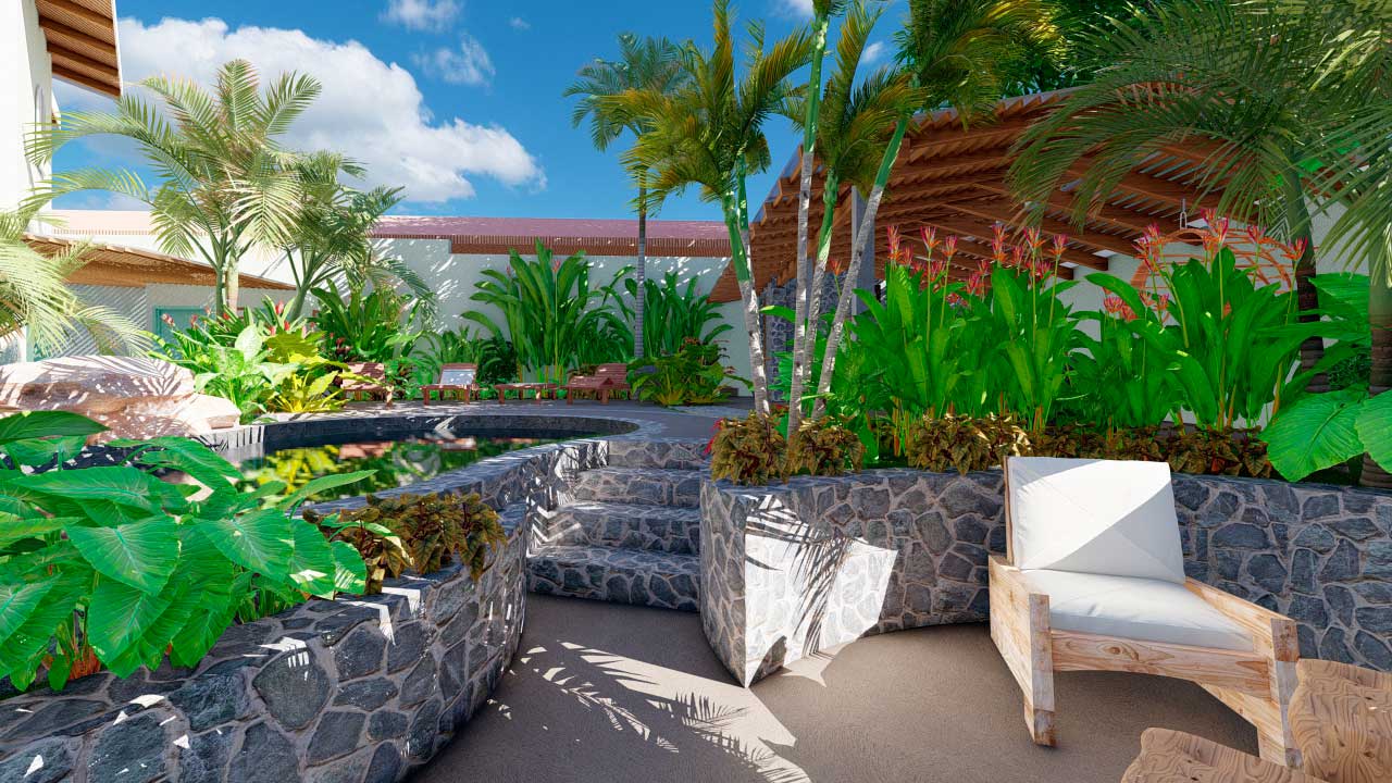 Casa de Las Olas, aerial view of the pool and gardens