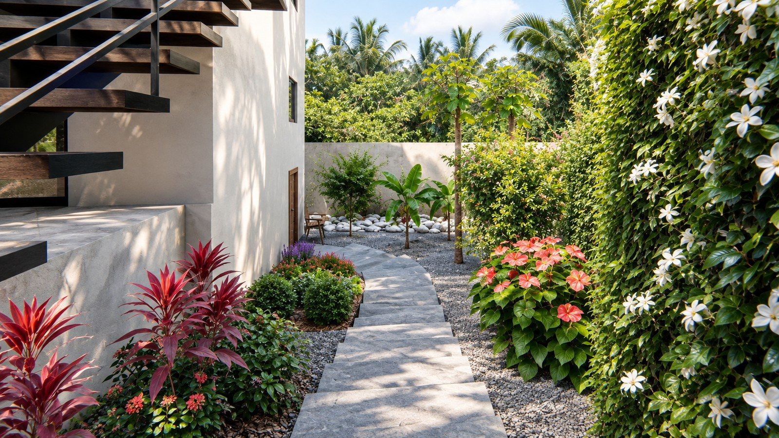 SP House pool garden at dusk, Tamarindo