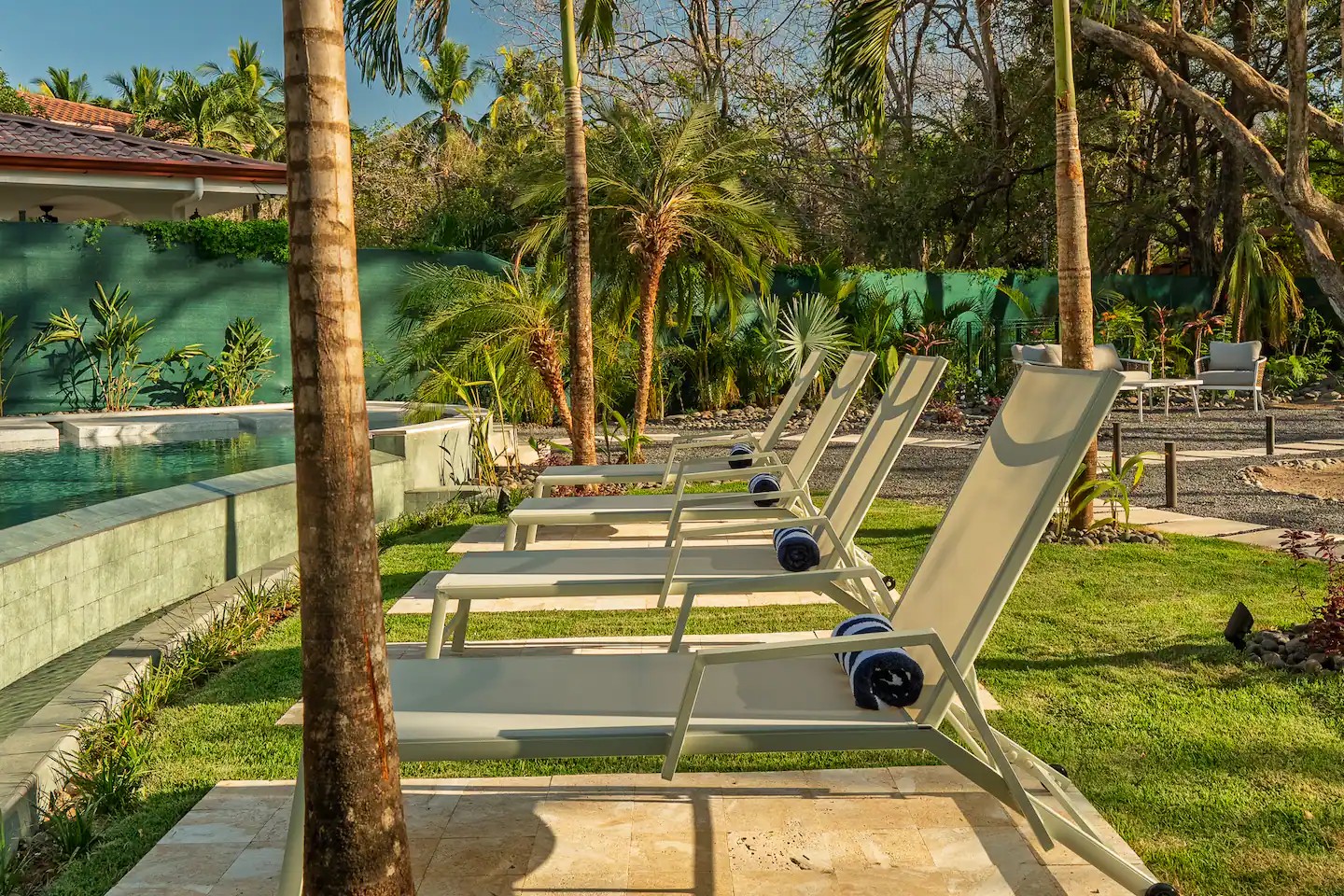 Villa Viva garden in Playa Grande: lawn, palms and native planting, landscape by CJarq