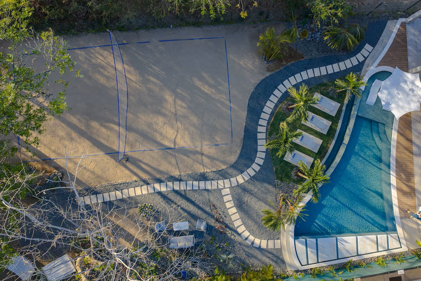 Aerial view of the Villa Viva landscape: volleyball court, stepping-stone paths, existing trees and pool garden, Playa Grande